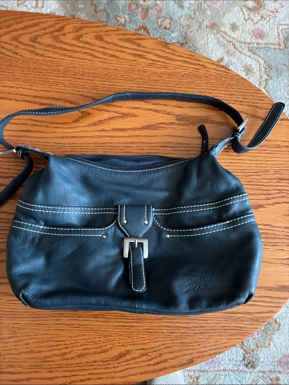 Black Leather Shoulder Bag with Contrast Stitching